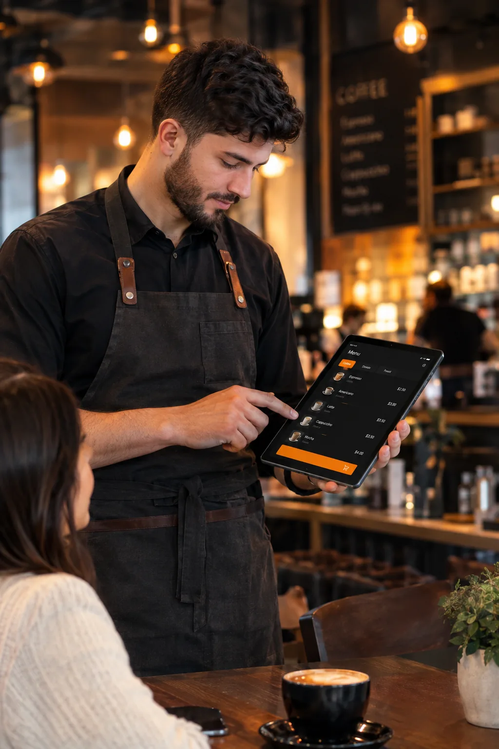 Server showing the GCR menu on a tablet to a guest at her table