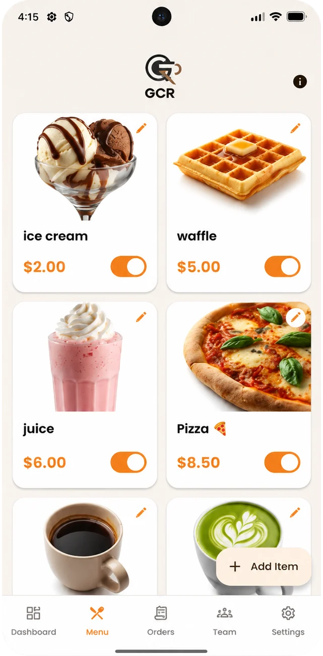 GCR menu management grid with item photos, prices and availability switches