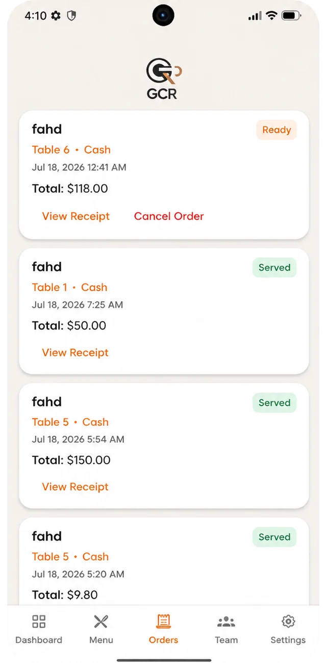 GCR order list with table, payment method, totals and status badges