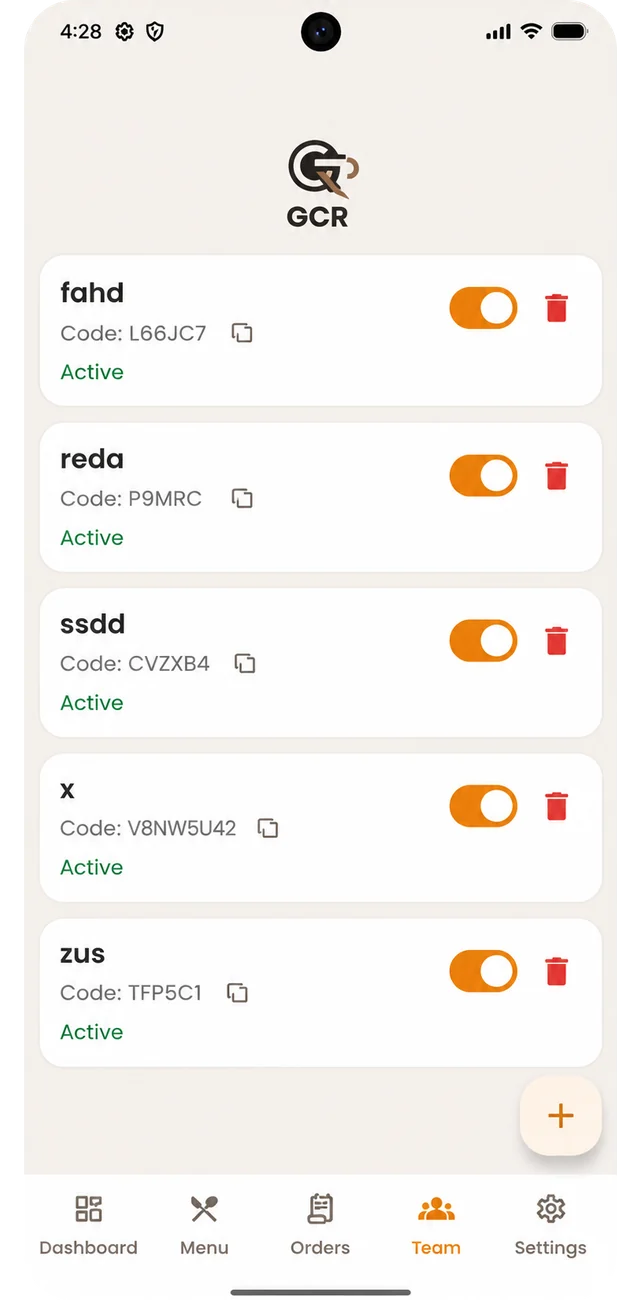 GCR team management with server accounts and login codes